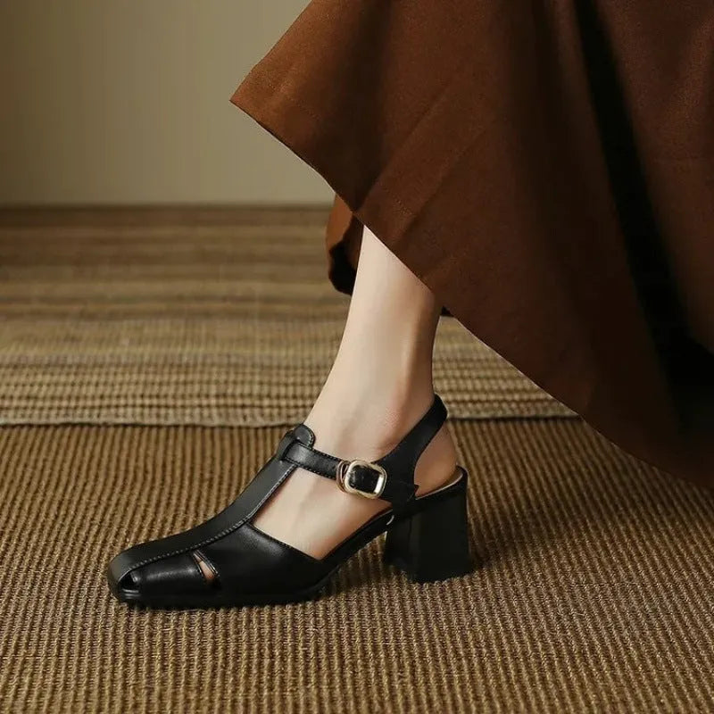 Women's hollow retro closed toe chunky heel sandals in dark brown with leather upper and rubber sole