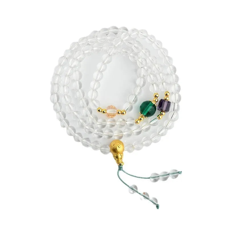 White crystal 108 bead rosary bracelet with geometric mala beads in ethnic unisex style