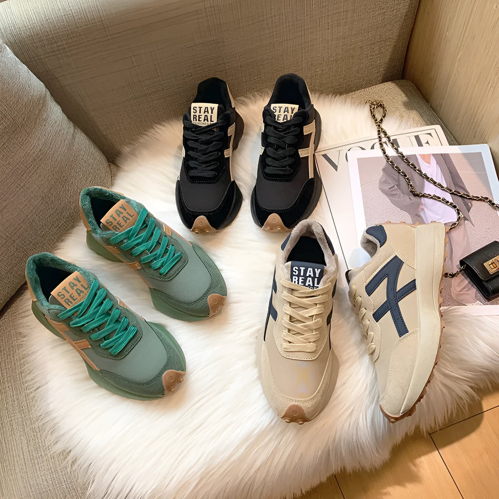 Women's beige casual dad sports shoes with cross shoulder strap, breathable mesh and PU upper, flat heel