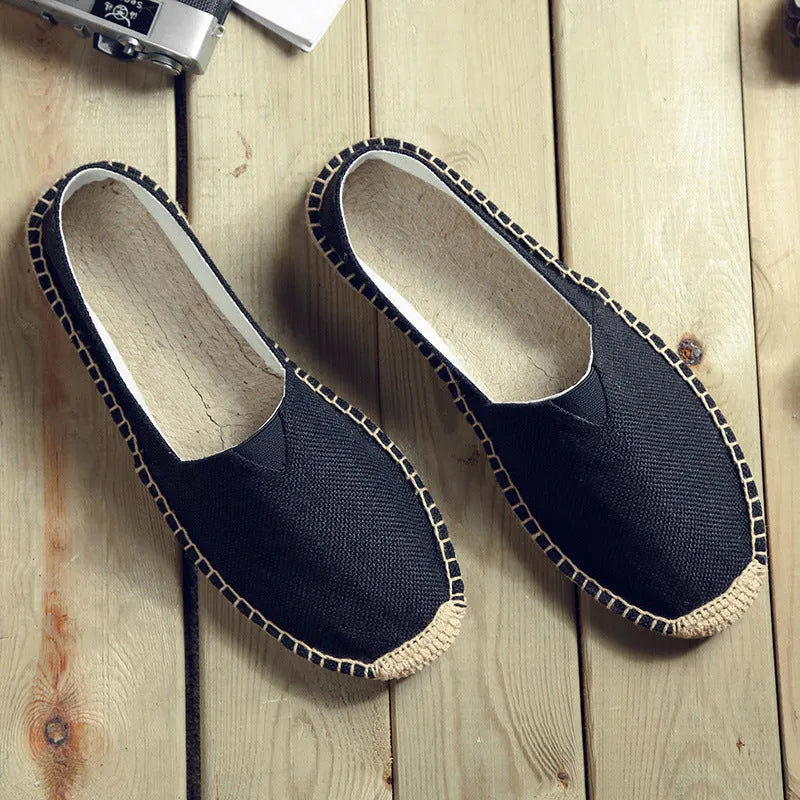 Men's solid colour canvas casual shoes with round toe in black, grey, white, dark brown, or light brown.