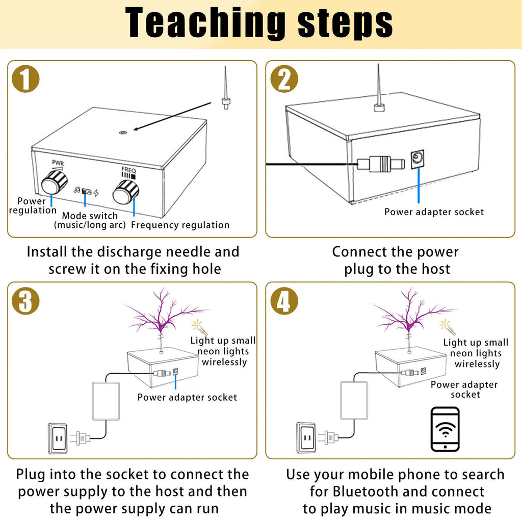 Music Tesla Coil with adjustable lightning arc, Bluetooth loudspeaker, and compact desktop design
