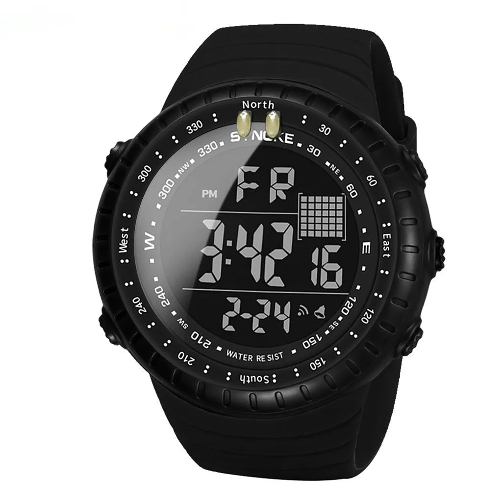 Black waterproof men's electronic watch with large dial on adjustable PU strap.