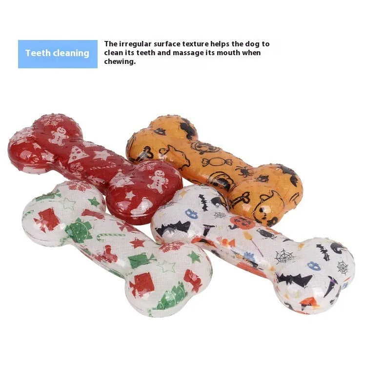 TPR material dog chew toy with printed bone design and squeaker in seasonal colours