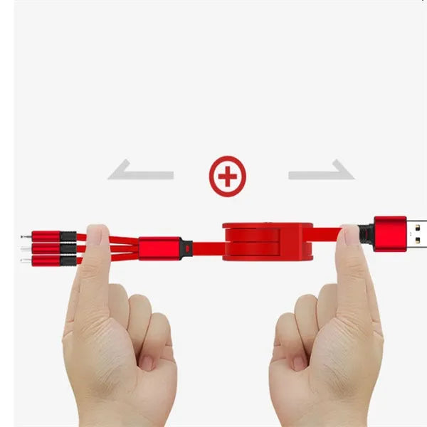 Black telescopic charging cable with three connectors extended to full 1 metre length