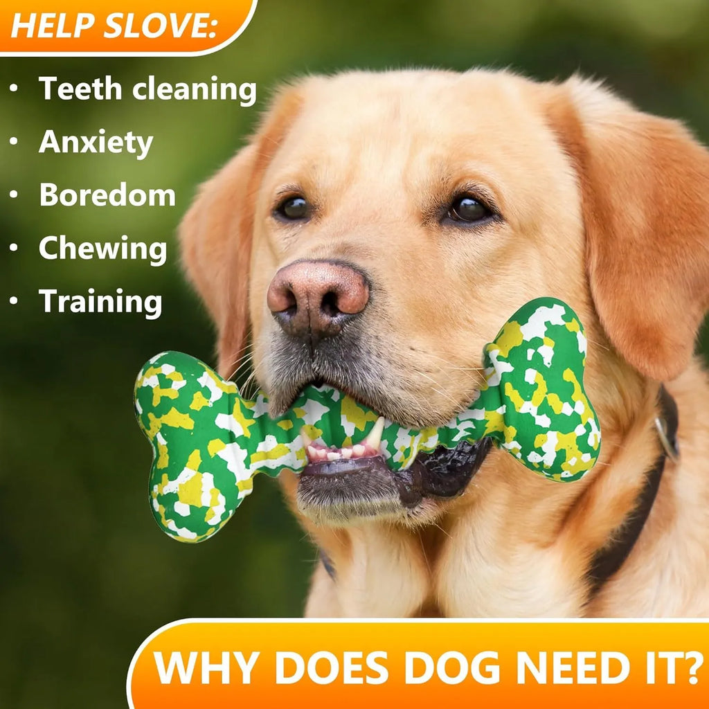 Green, white, and yellow camouflage pattern natural rubber bone chew toy for dogs on a wooden floor.