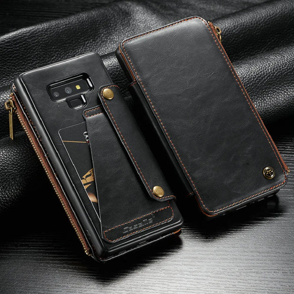 Black PU leather flip phone case for SAMSUNG Note9 showing front and back views