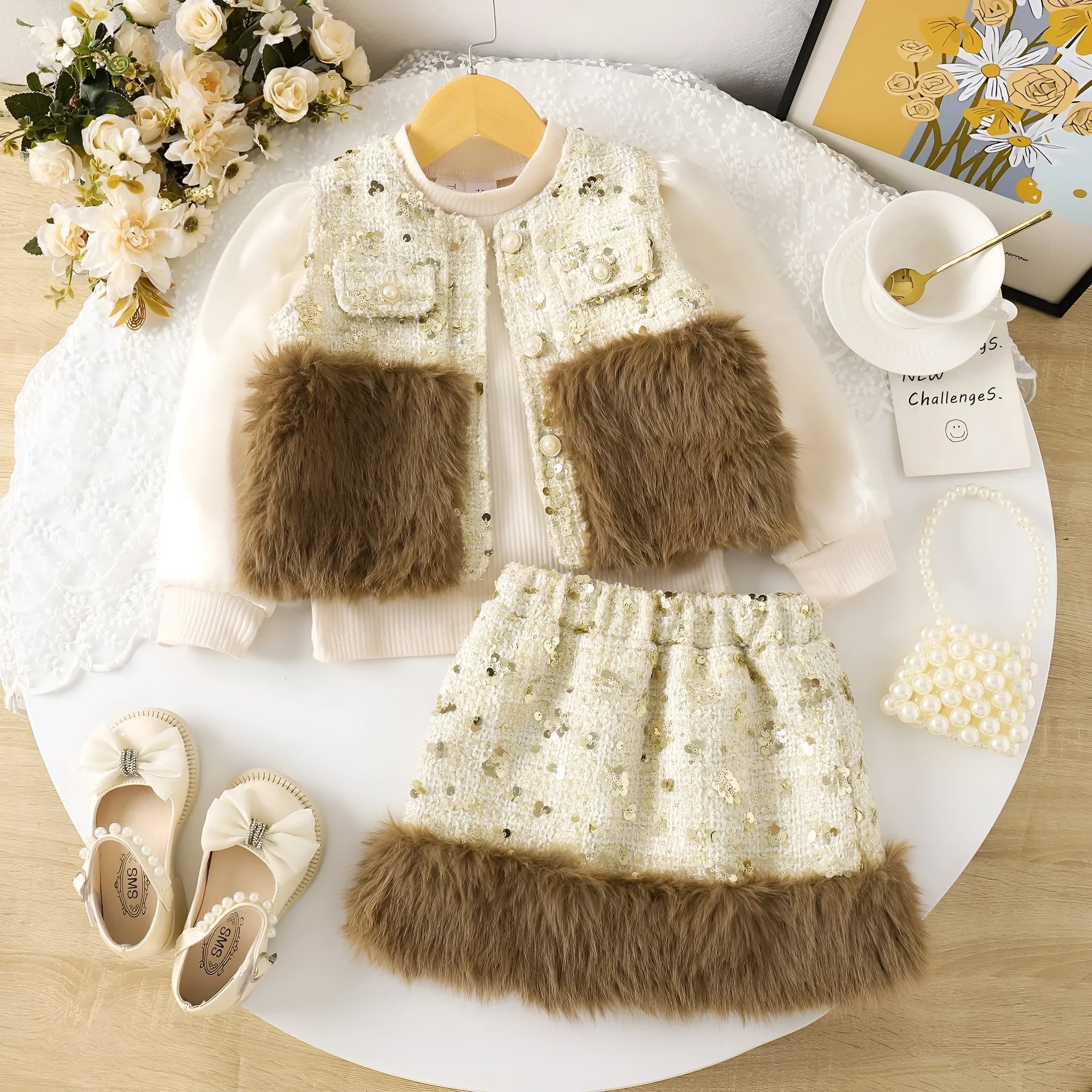 Apricot floral print children's two-piece dress set with long sleeve blouse and skirt made from cotton