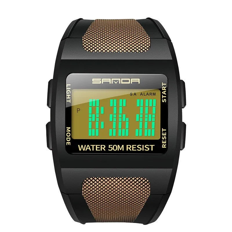 Sanda sports waterproof electronic watch with 37mm digital dial, 13mm case, resin strap, and 50m waterproof rating