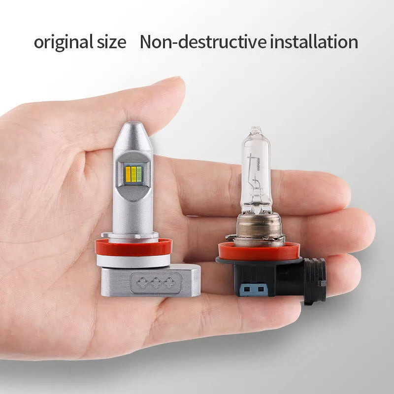 Universal retrofit LED fog lamp bulb with aluminium housing for cars, motorcycles, and trucks.