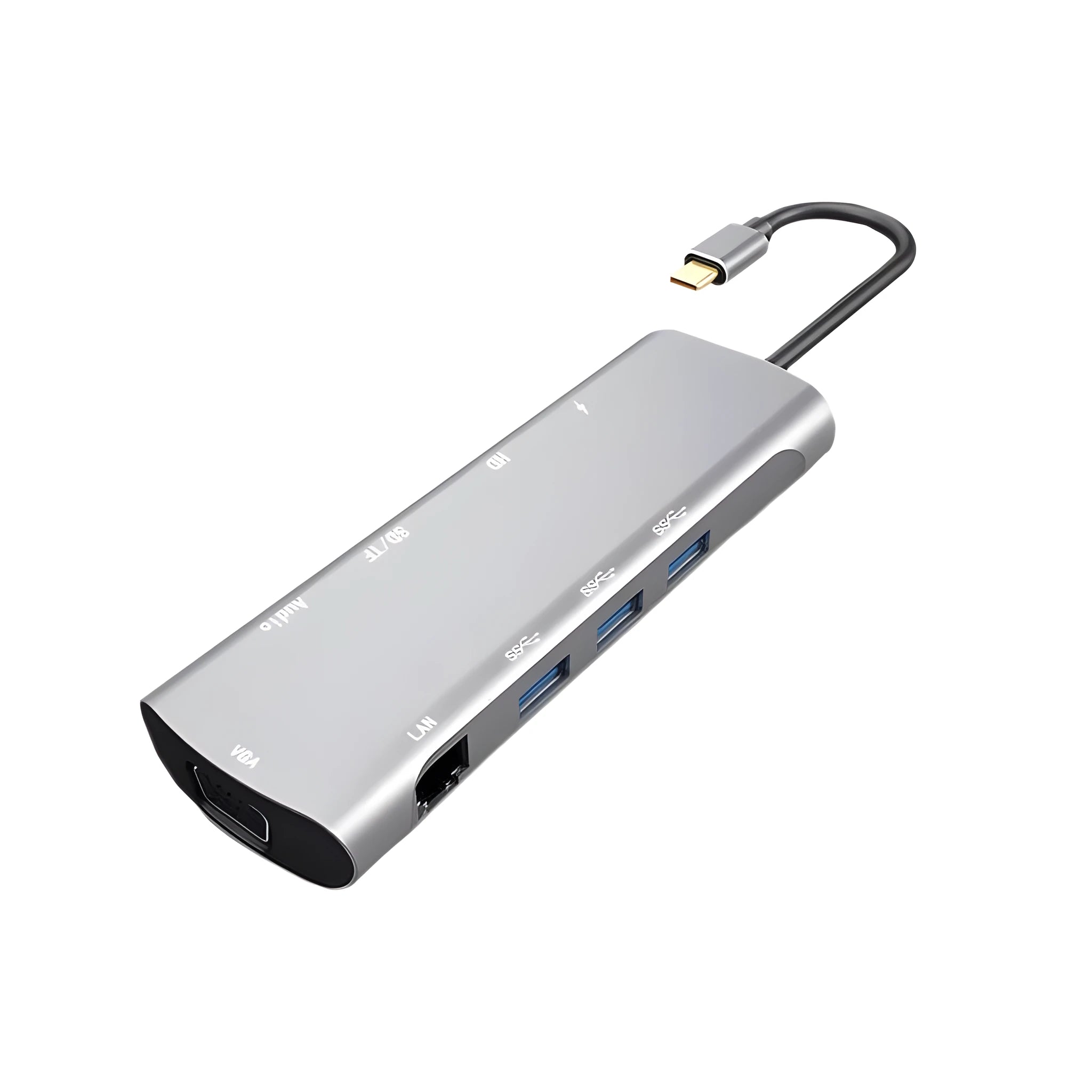 Grey aluminium USB-C docking station with HDMI, VGA, USB, and charging ports on a wooden desk.