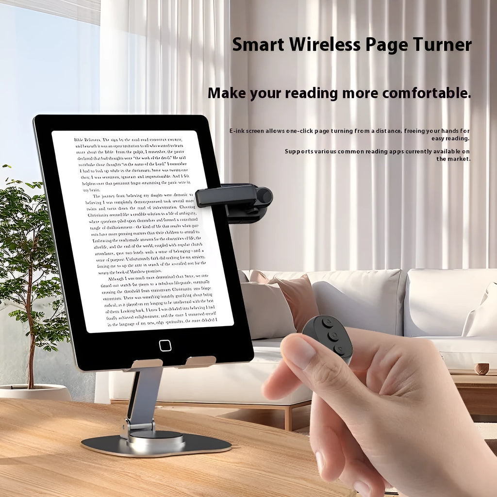 Smart wireless page turner remote control with clicker attachment for Kindle and tablet reading