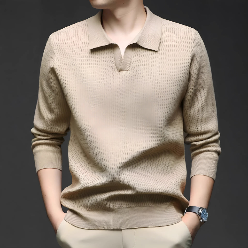Men's loose-fitting casual pullover sweater in a polyester viscose nylon blend, shown in green.