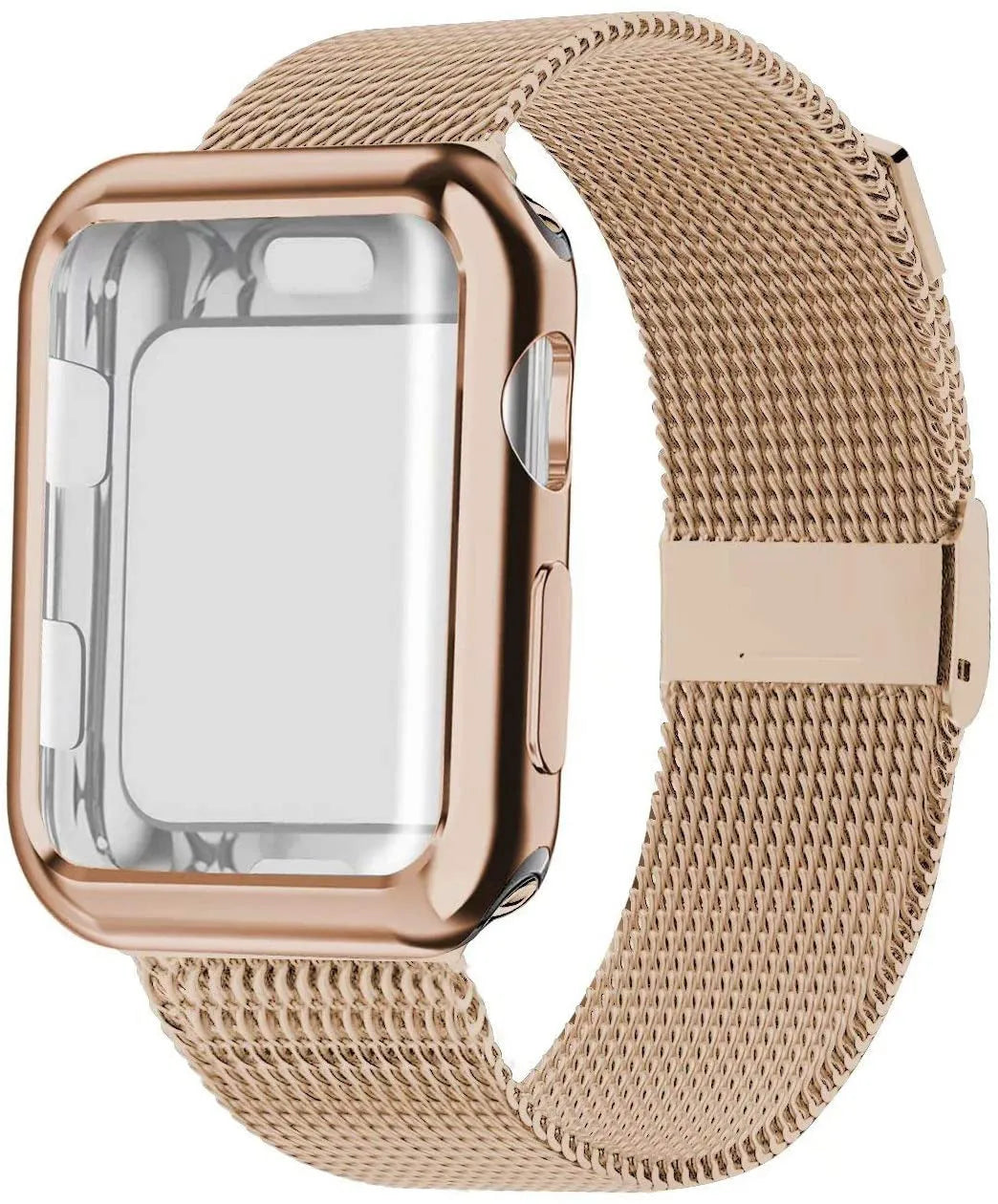 Apple Watch with magnetic Milanese loop metal strap in silver, showing adjustable magnetic clasp.