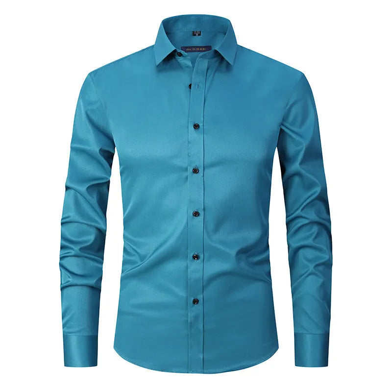 Men's long-sleeved slim fit solid colour stretch shirt with polyester blend fabric, cardigan style, available in multiple colours