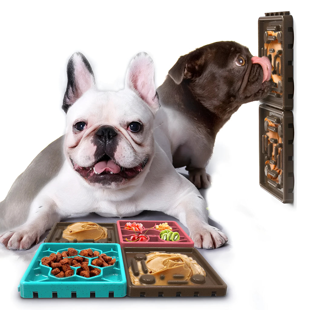 Anti-choking slow food bowl for dogs made from TPR, shown in Blue, Coffee, and Green colour options.