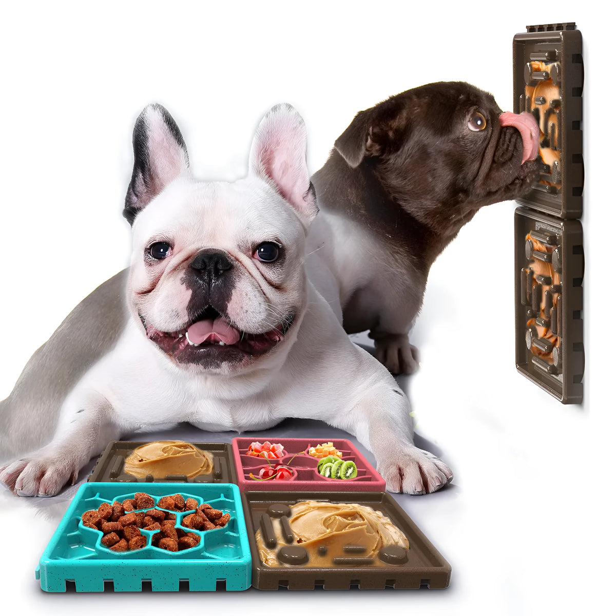 Anti-choking slow food bowl for dogs made from TPR, shown in Blue, Coffee, and Green colour options.