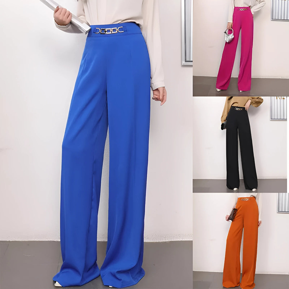 Solid colour drape wide leg pants for women in black, straight-leg style with micro elastic waist