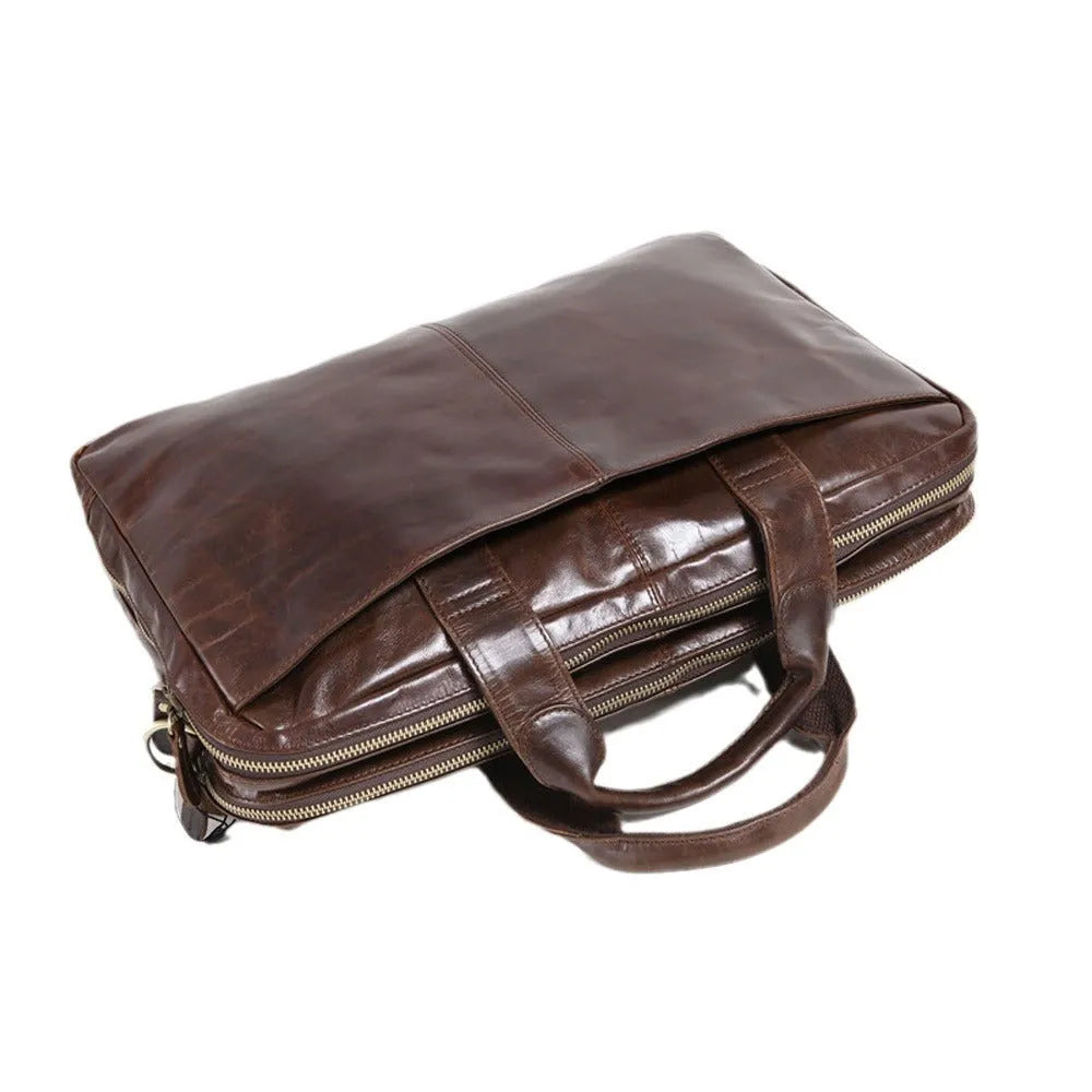 Brown leather business briefcase with pattern finish, 18-inch size for laptops and documents