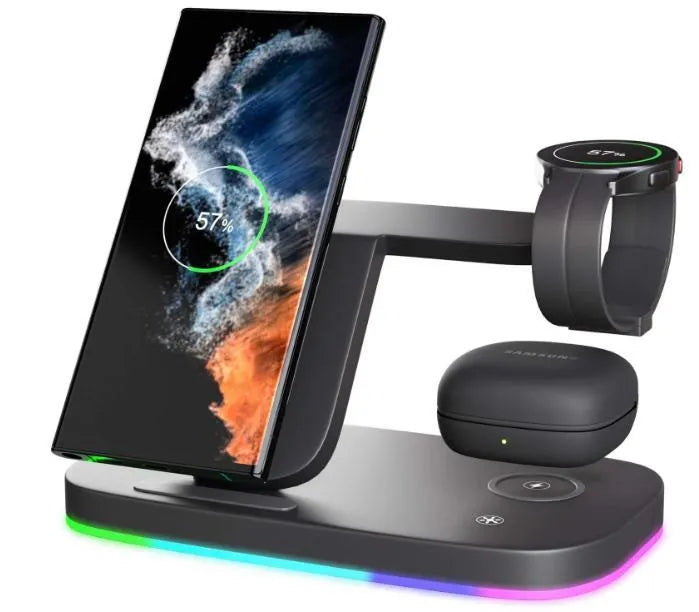 Vertical 3-in-1 wireless charging stand for mobile phone, smartwatch, and headphones.