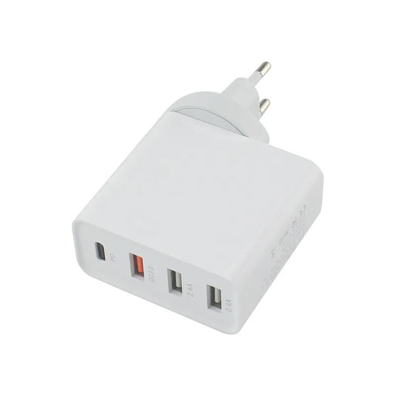 Black 48W USB-C wall charger with four Type-C ports and a UK 3-pin plug on a white background.