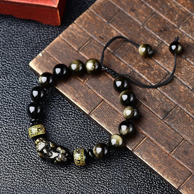 Golden obsidian Pi Xiu bracelet with hand-woven beads in Chinese animal zodiac style