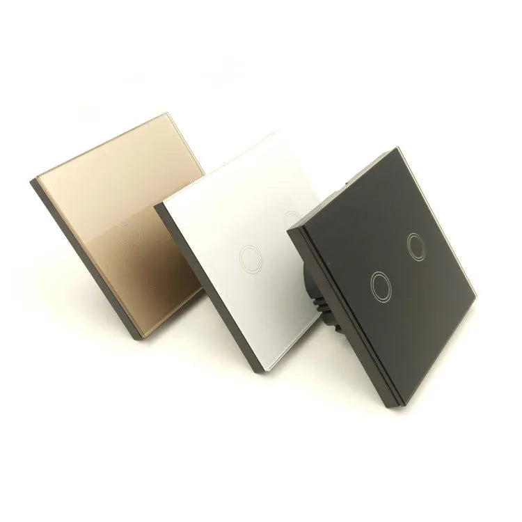 Touch-operated light switch with tempered glass panel in black, golden or white finish