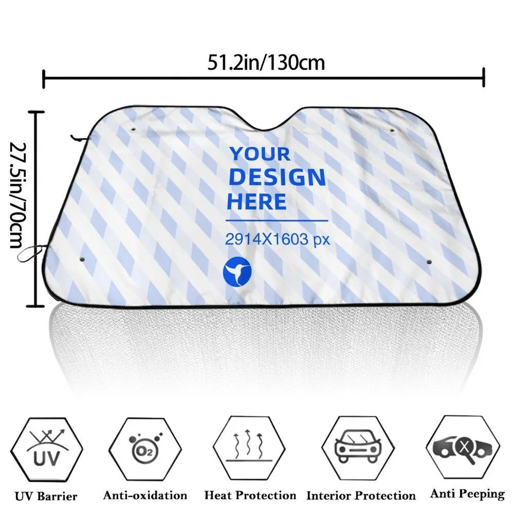 White 130x70cm car windshield sunshade in Oxford cloth and pearl aluminium film with four suction cups