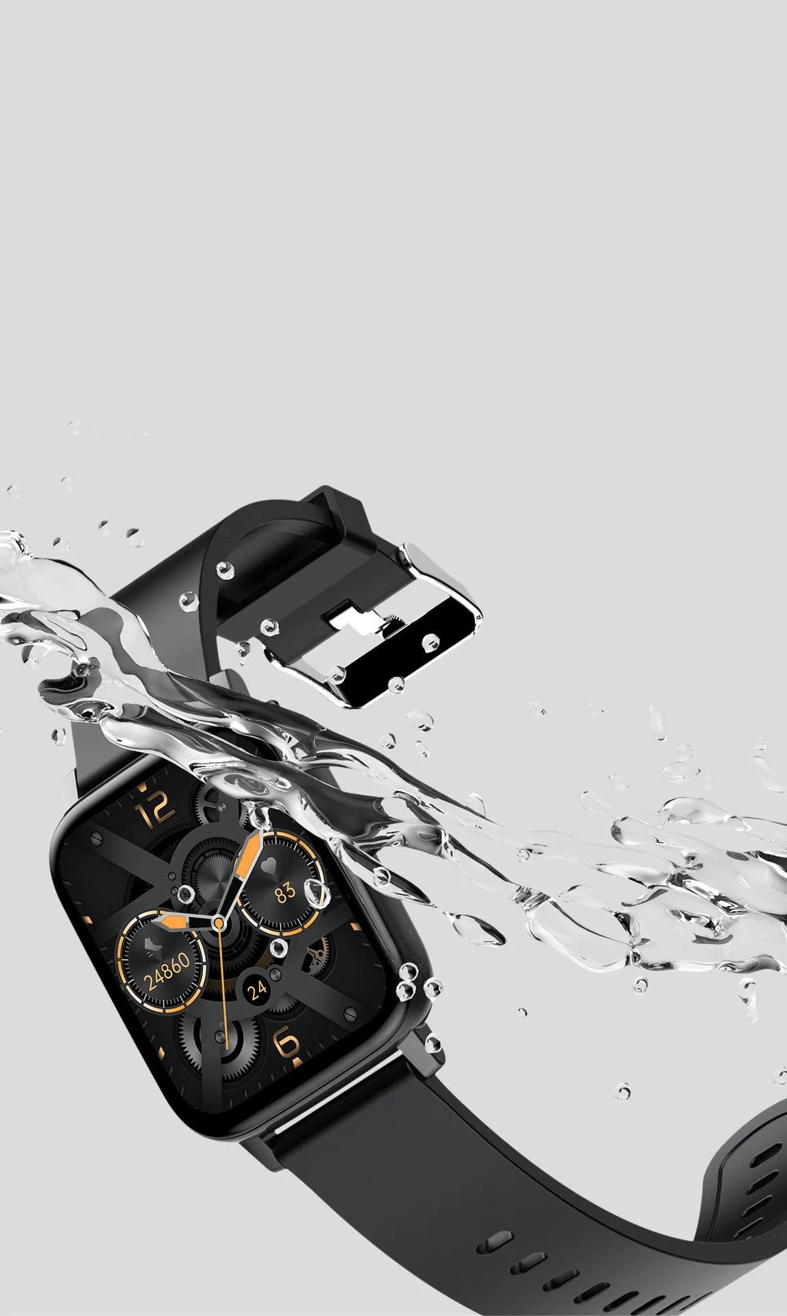 H80 black smartwatch on wrist showing heart rate and time on its 1.69-inch spherical glass screen.
