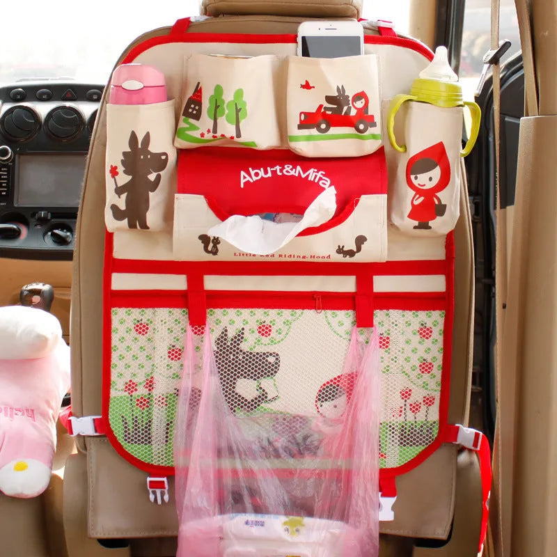 Set of six cartoon car storage bags in assorted styles A1, A2, A3, A4, A5, A6 for seat back organisation