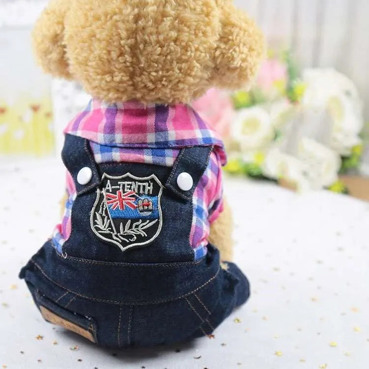 Green denim four-legged dog outfit for small breeds, casual style, size M