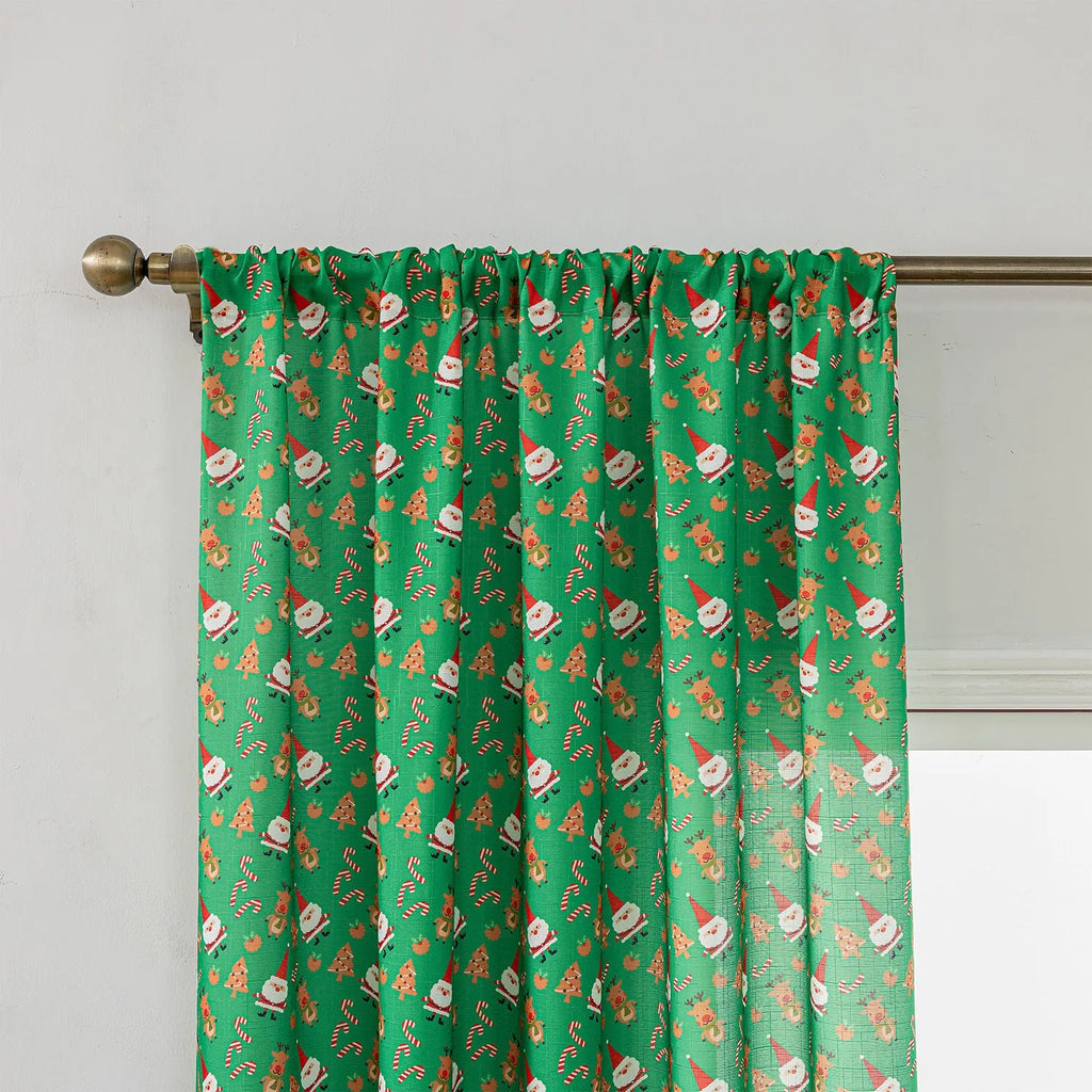 Green printed curtain with cartoon snowman and angel pattern, 1 metre length