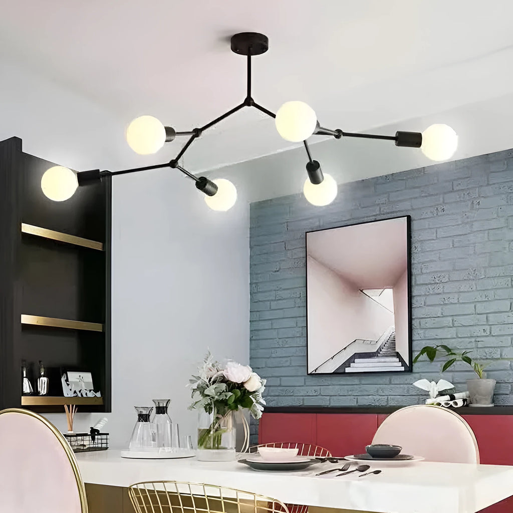 Nordic style black and white iron ceiling chandelier with multiple light head options.