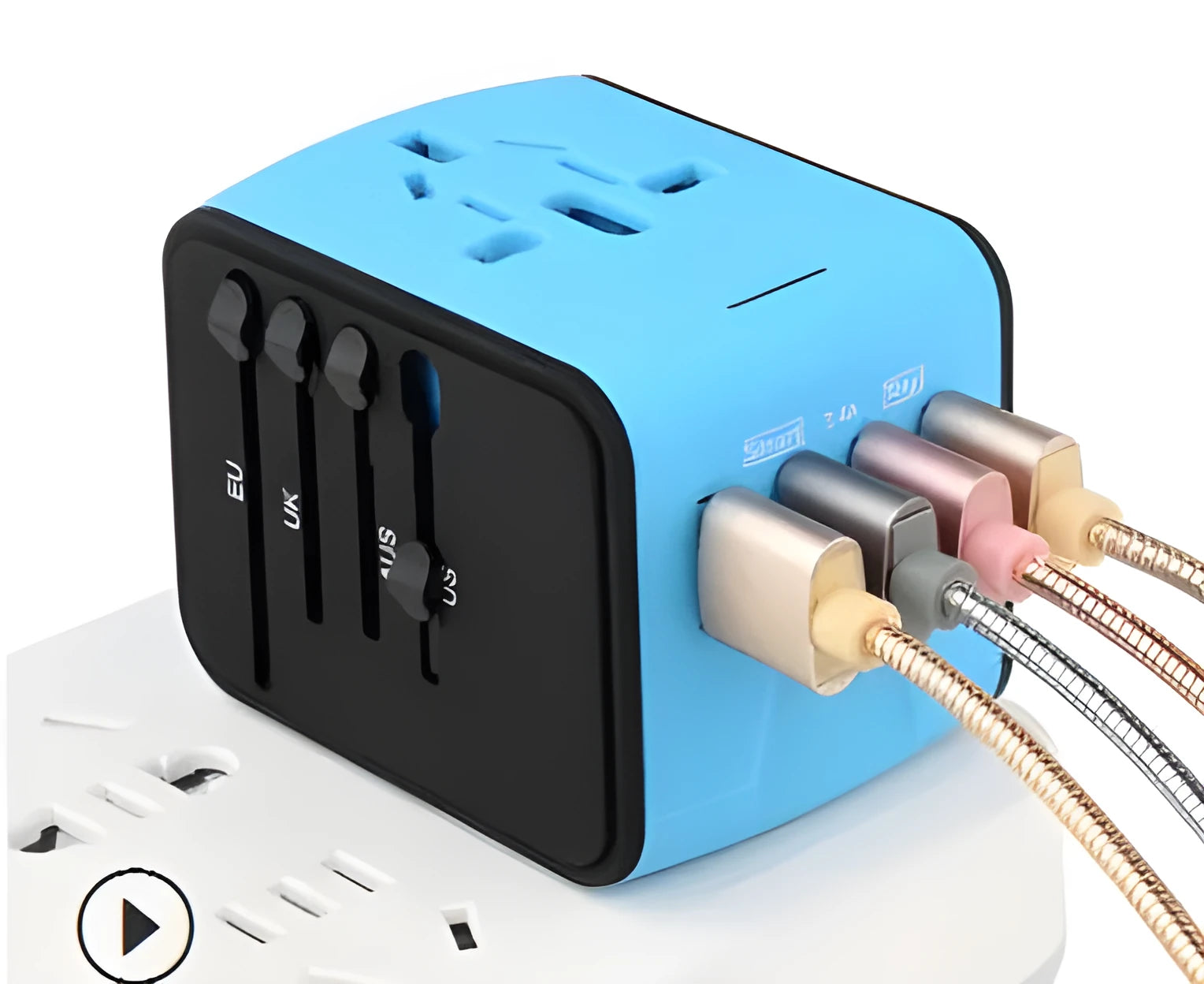 Multi-function travel socket adapter with USB, PC shell, 66x53x52mm, black
