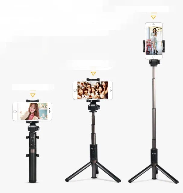Aluminium Bluetooth selfie stick with remote control and tripod bracket extended with smartphone attached