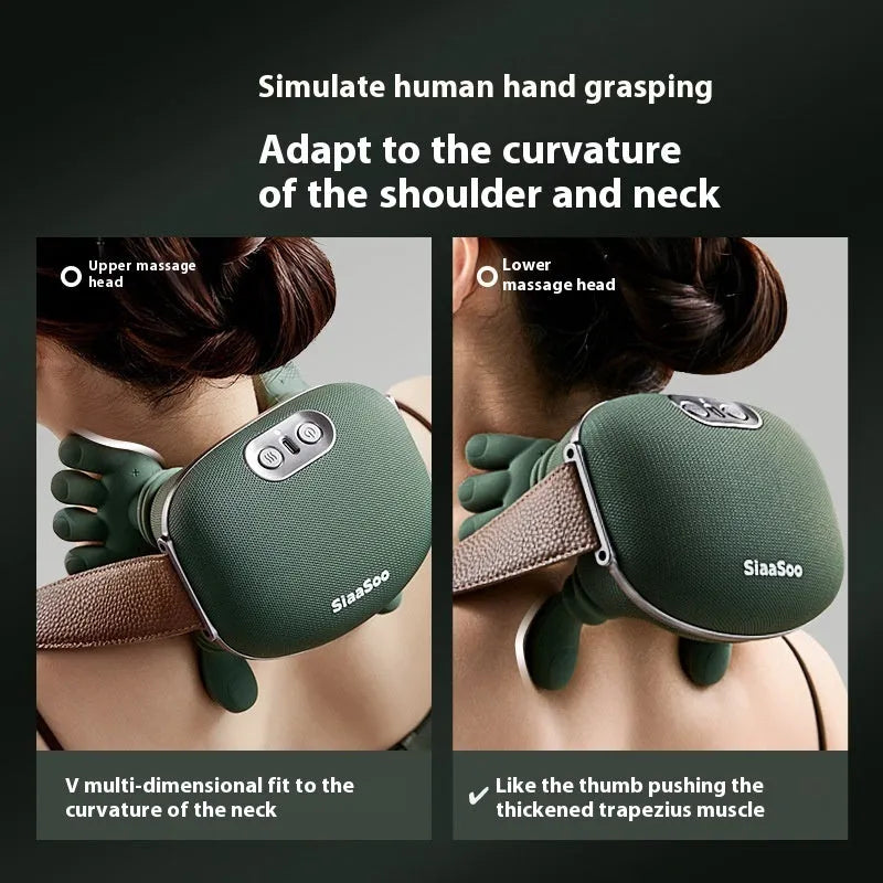 Cordless electric neck and shoulder massager in N7 moss green, with 4D kneading and heat