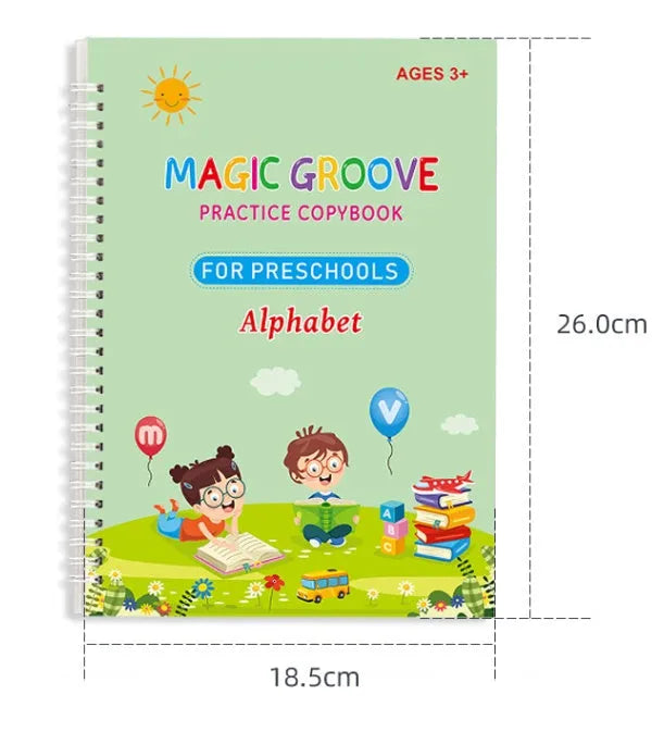 Children's English calligraphy practice set showing notched groove pen, ten refills, and double-sided practice cards