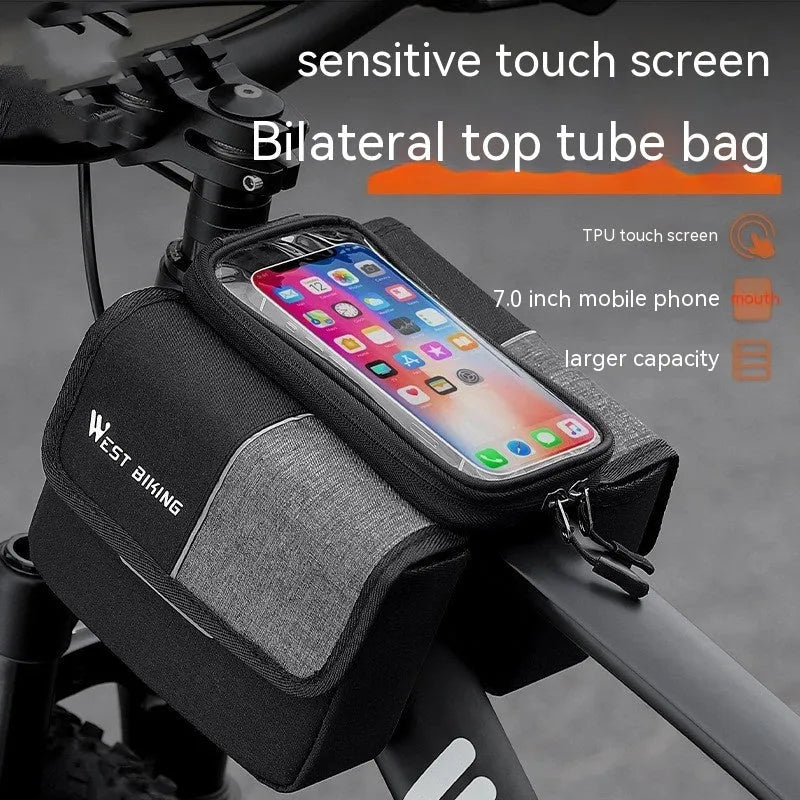 Black and grey bilateral tube touch screen saddle bag with 2L capacity mounted on bicycle