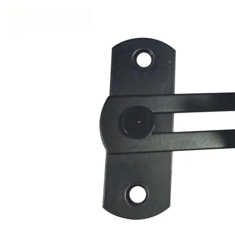 Black carbon steel and stainless steel 90-degree warehouse hook lock for sliding barn doors.
