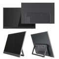 Black 15.6 inch portable monitor with adjustable stand on desk with connected cables