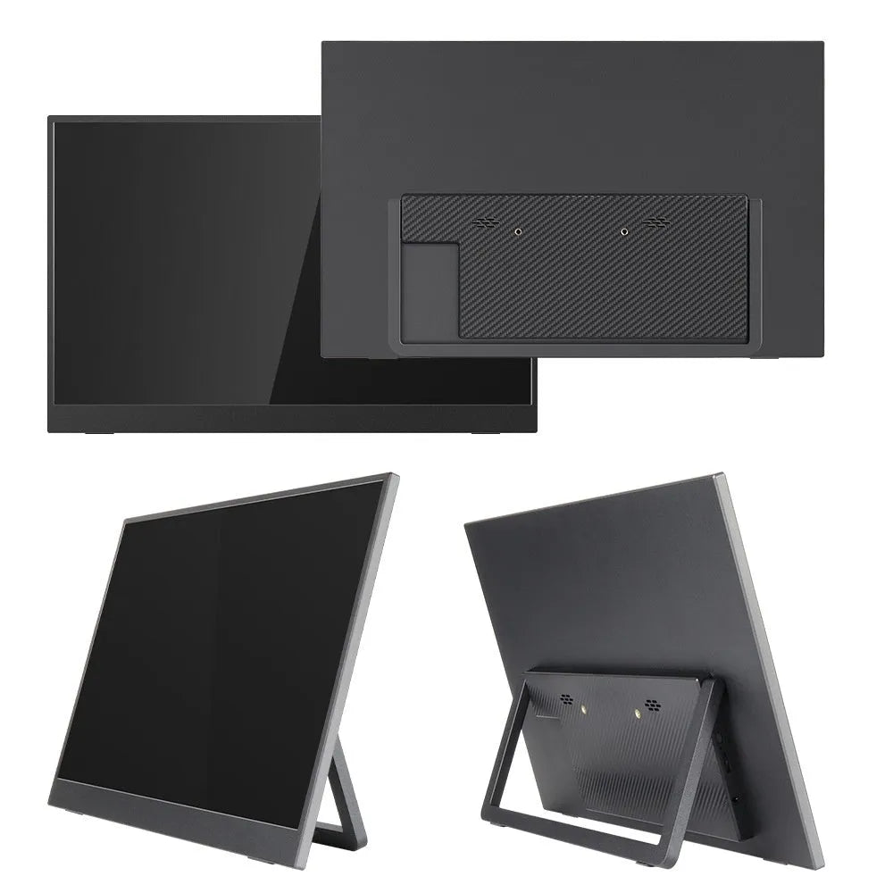 Black 15.6 inch portable monitor with adjustable stand on desk with connected cables