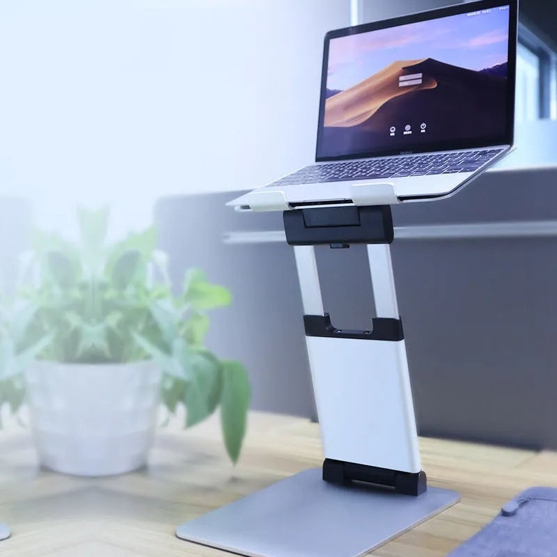 Silver folding double-arm laptop stand for 17-inch notebooks with aluminium alloy construction