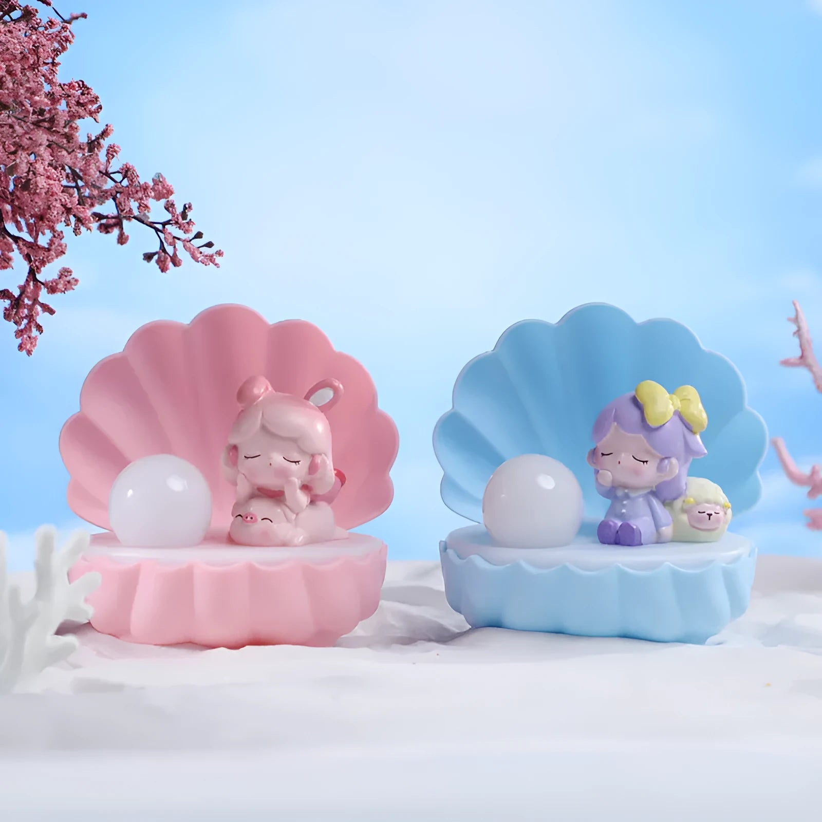 Shell Star Light resin cartoon animal girl night lamp in pink, blue, purple or yellow.