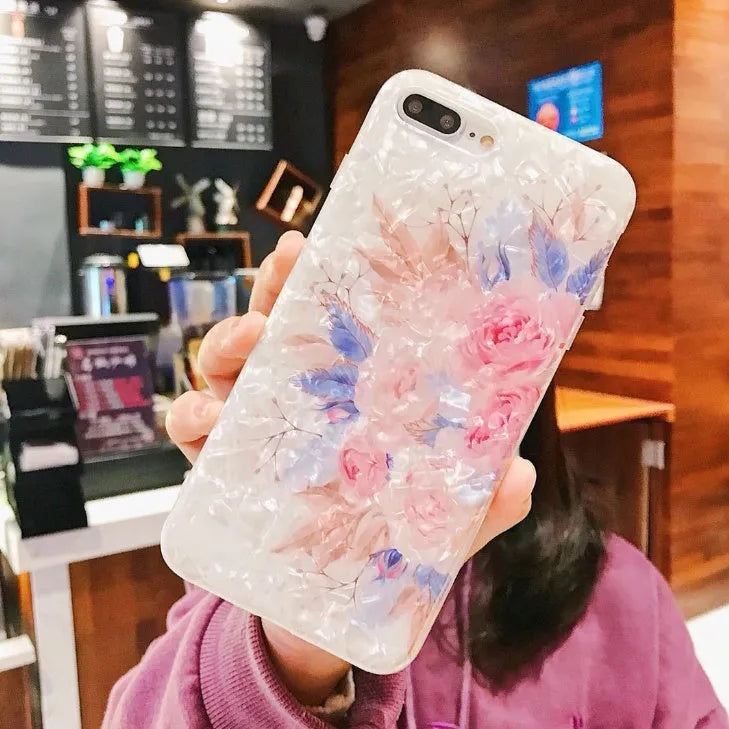 Dream Shell soft TPU silicone iPhone case with rose flower back design in brown purple white colours