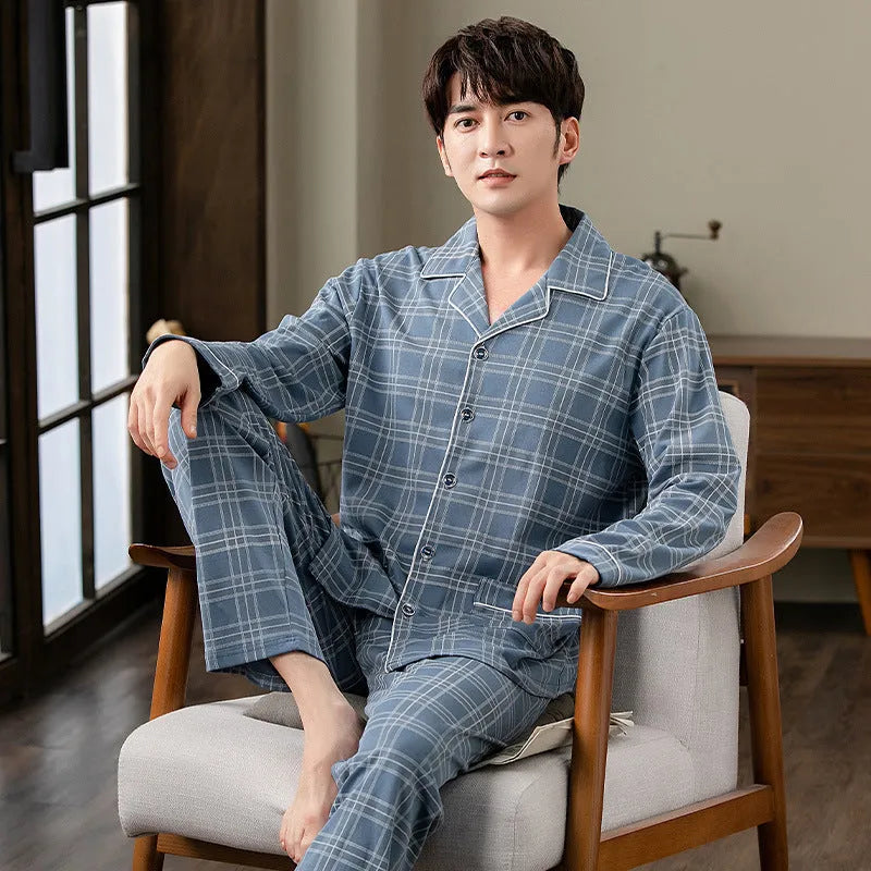 Men's cotton cardigan pyjama set in long sleeve top and trousers, available in five colours and sizes M to XXXXL