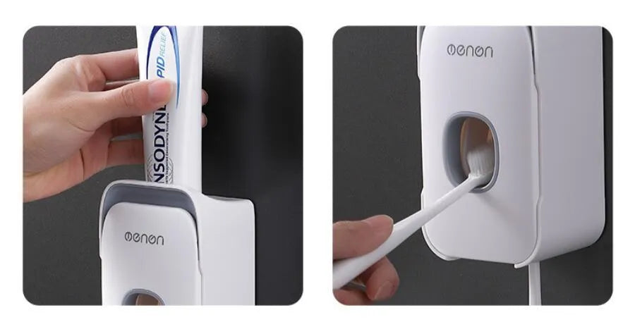 Blue automatic toothpaste dispenser mounted on a bathroom wall with motion sensor.