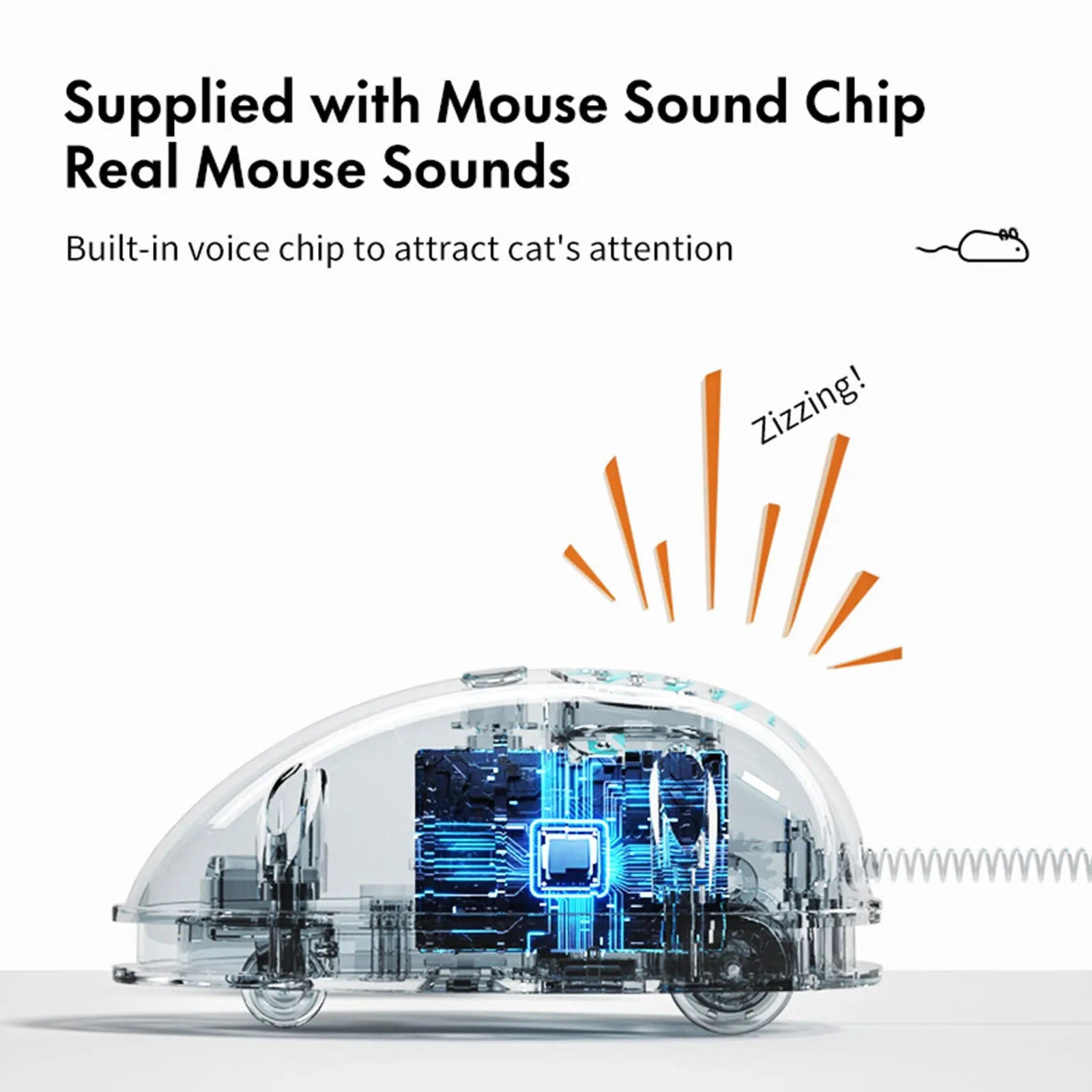 Electronic moving mouse cat toy with feather tail in blue or yellow colours, showing 18cm dimensions