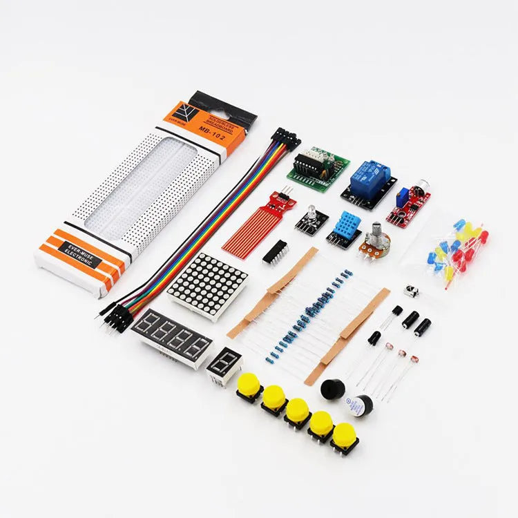 RFID upgraded Arduino starter kit with stepper motor, UNO board, breadboard, LCD and various sensor modules on a table
