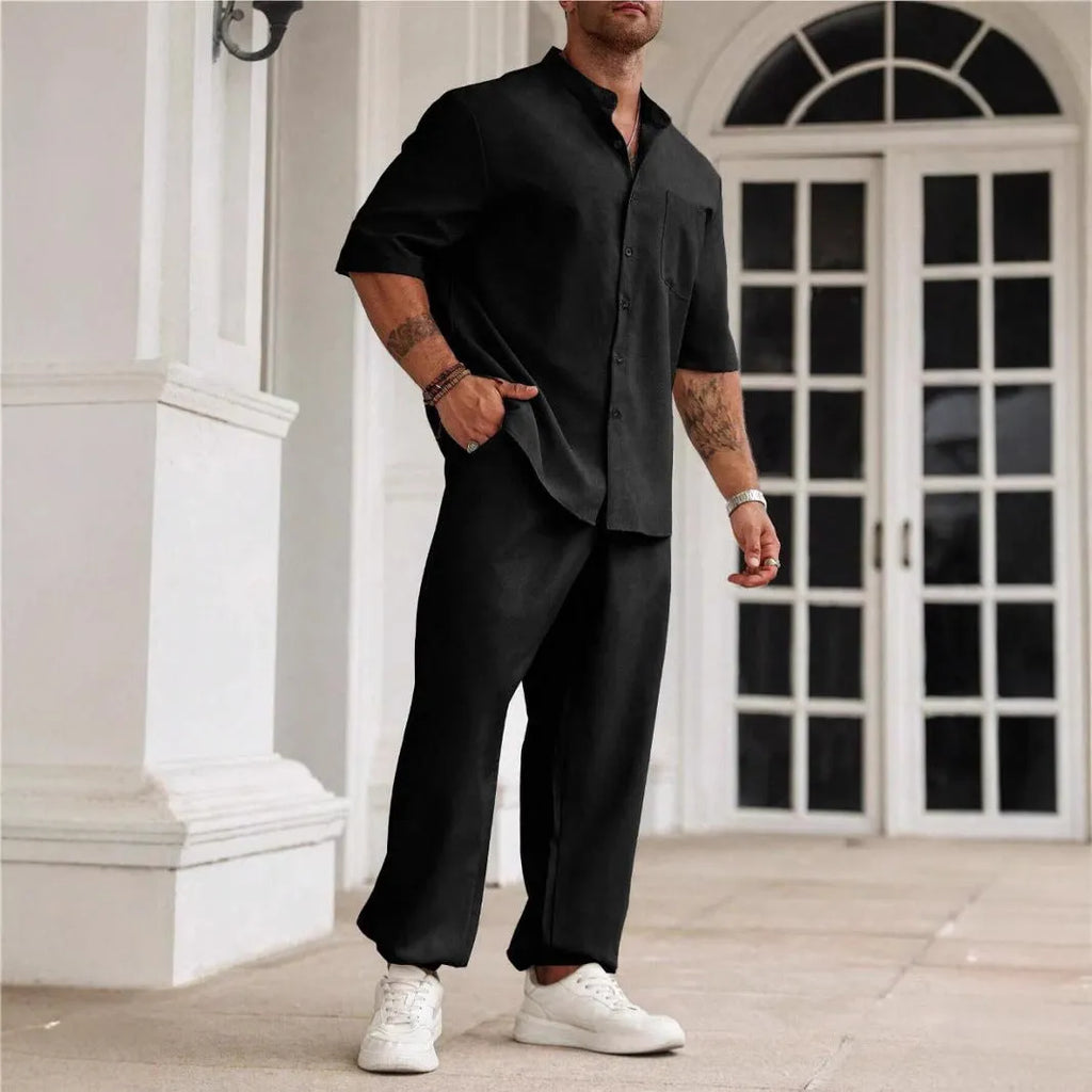 Men's apricot cotton linen short-sleeved shirt and trouser casual set laid flat