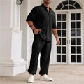 Men's apricot cotton linen short-sleeved shirt and trouser casual set laid flat