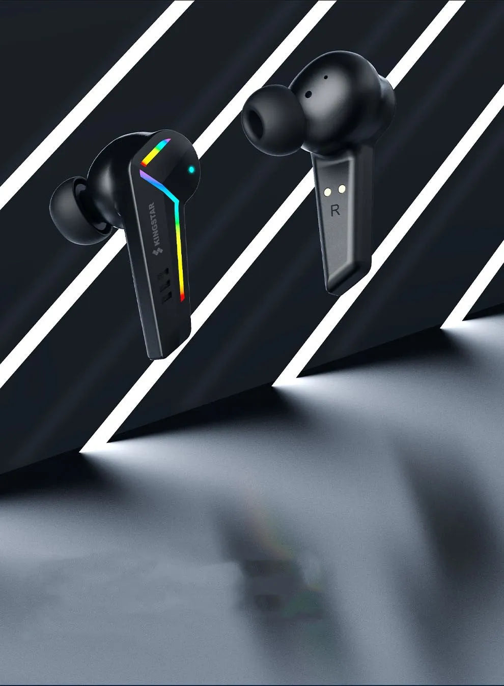 Black TWS wireless Bluetooth earbuds for low latency gaming and sports
